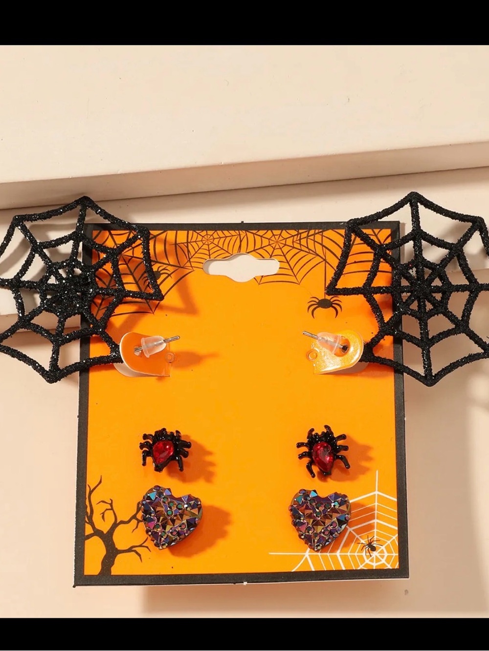 Halloween Black Spiderweb & Rhinestone Heart Earring Set